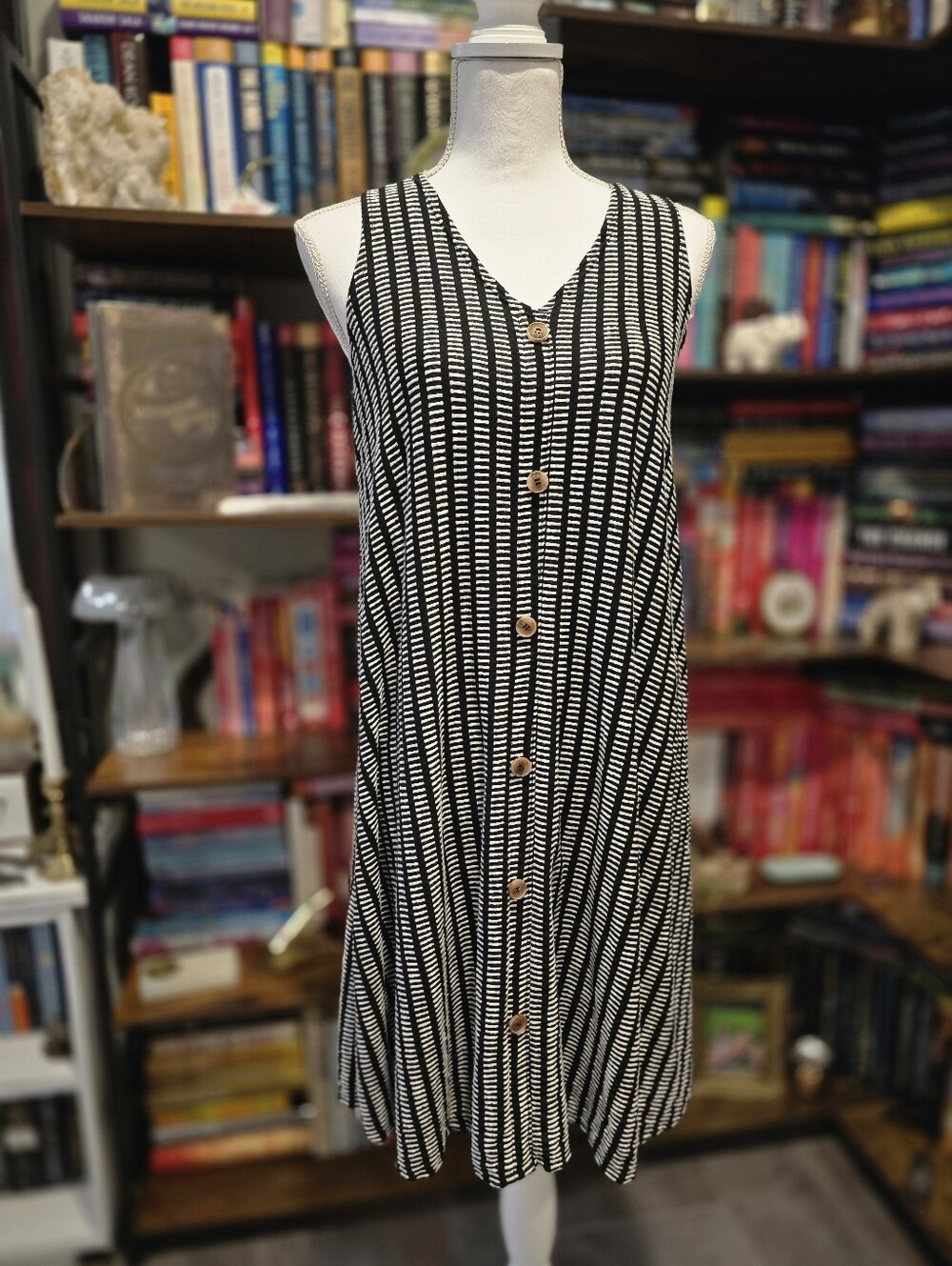 Cation To The Wind Sleeveless Black & White Striped Button-Front Dress
